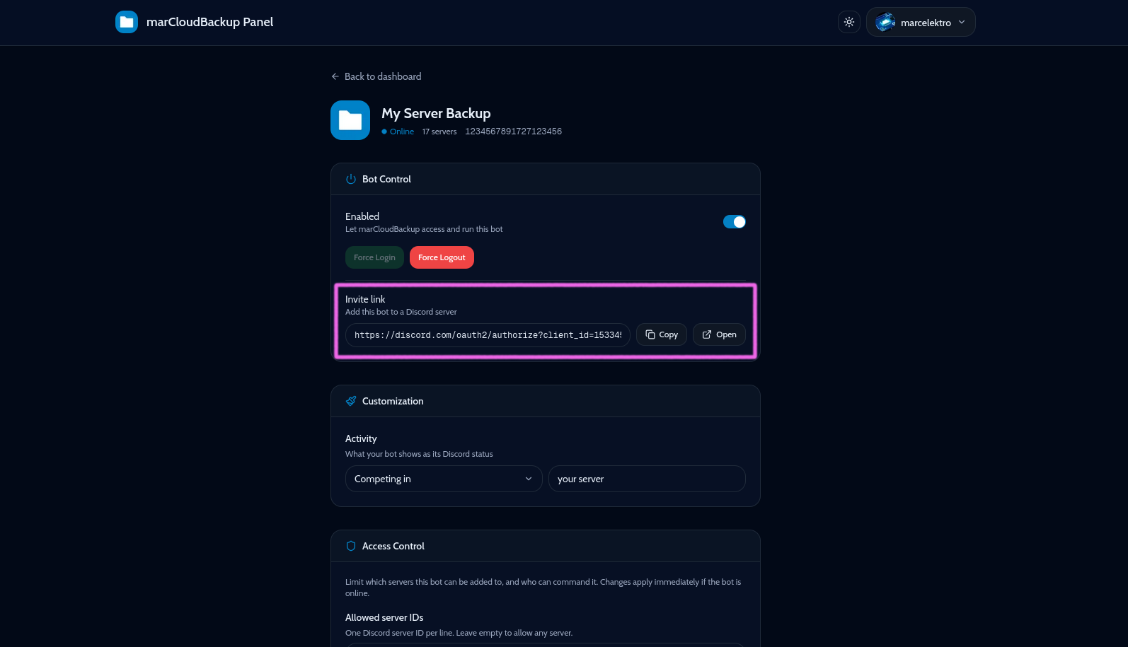 Custom bot management page
